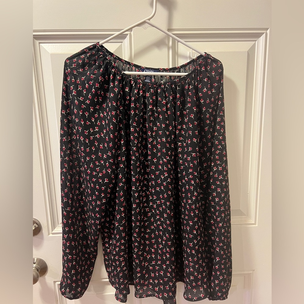 Chaps Black Blouse with Red Floral Design